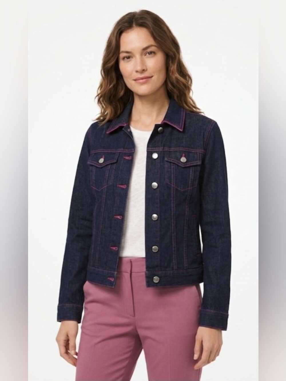 Michael Michael Kors Dark Indigo Denim Jacket with Pink Top Stitching Size S